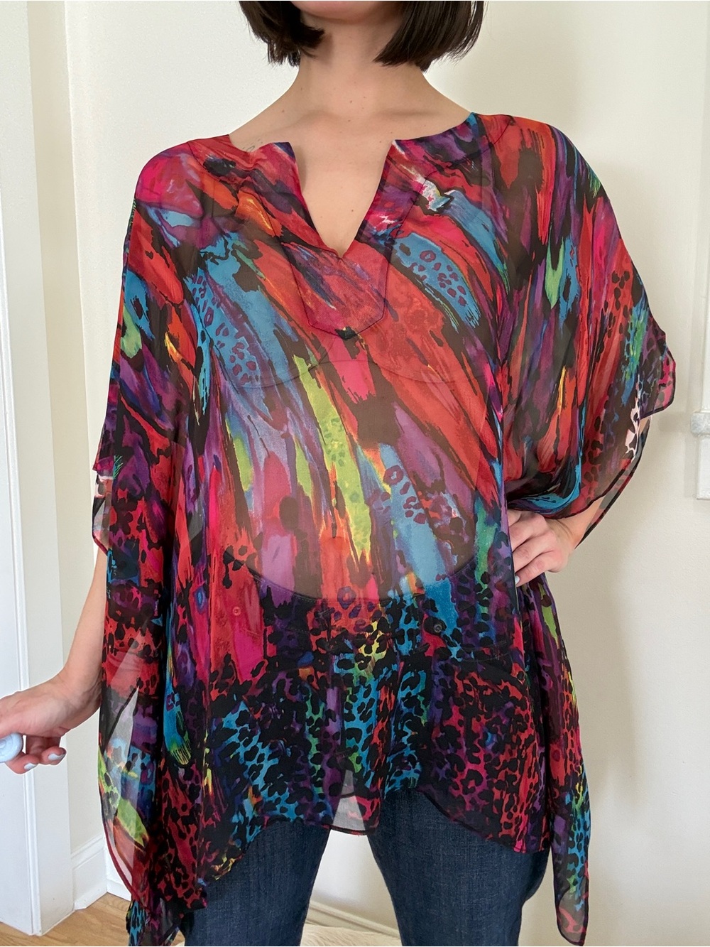 Vintage Y2K Chico’s 100% Silk Bright Abstract Kaftan S/M